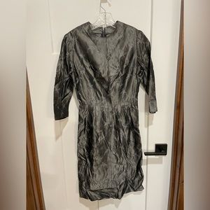 Vintage 60s silver silk pencil skirt quarter sleeve cocktail dress